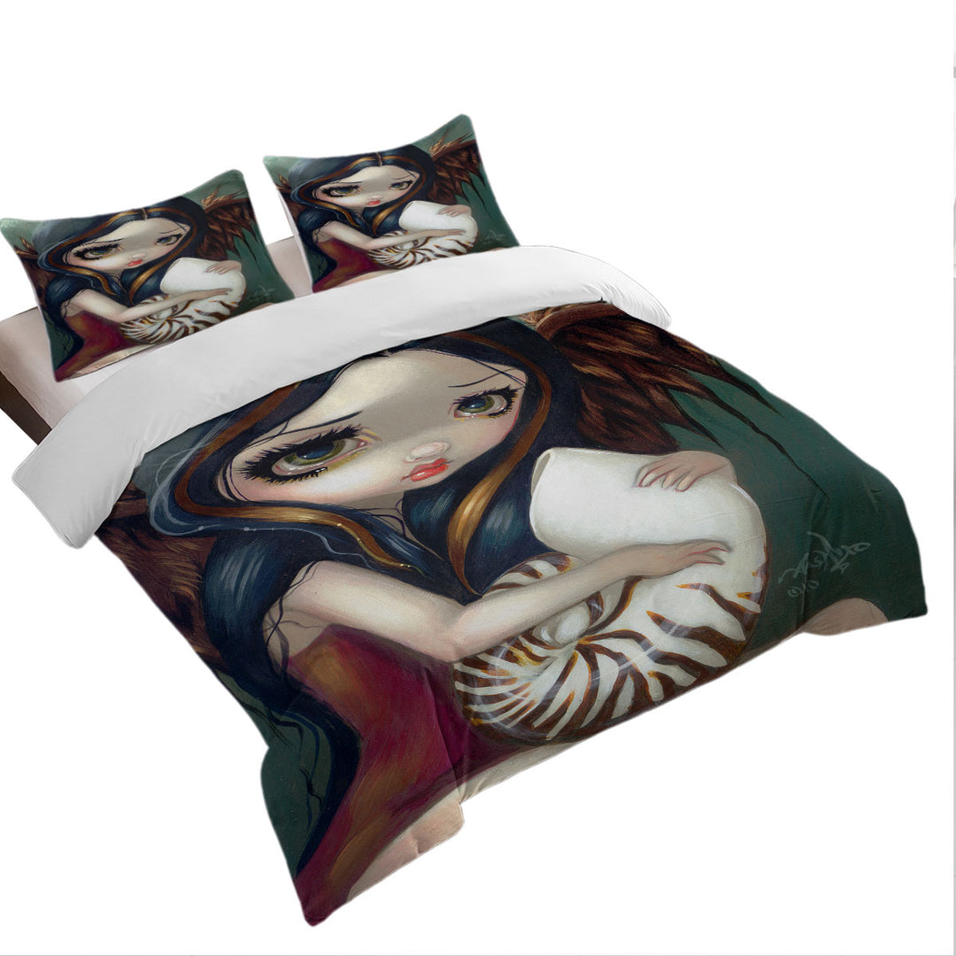 Comforter Cover with Sad Eyed Beautiful Girl Angel and Nautilus Shell