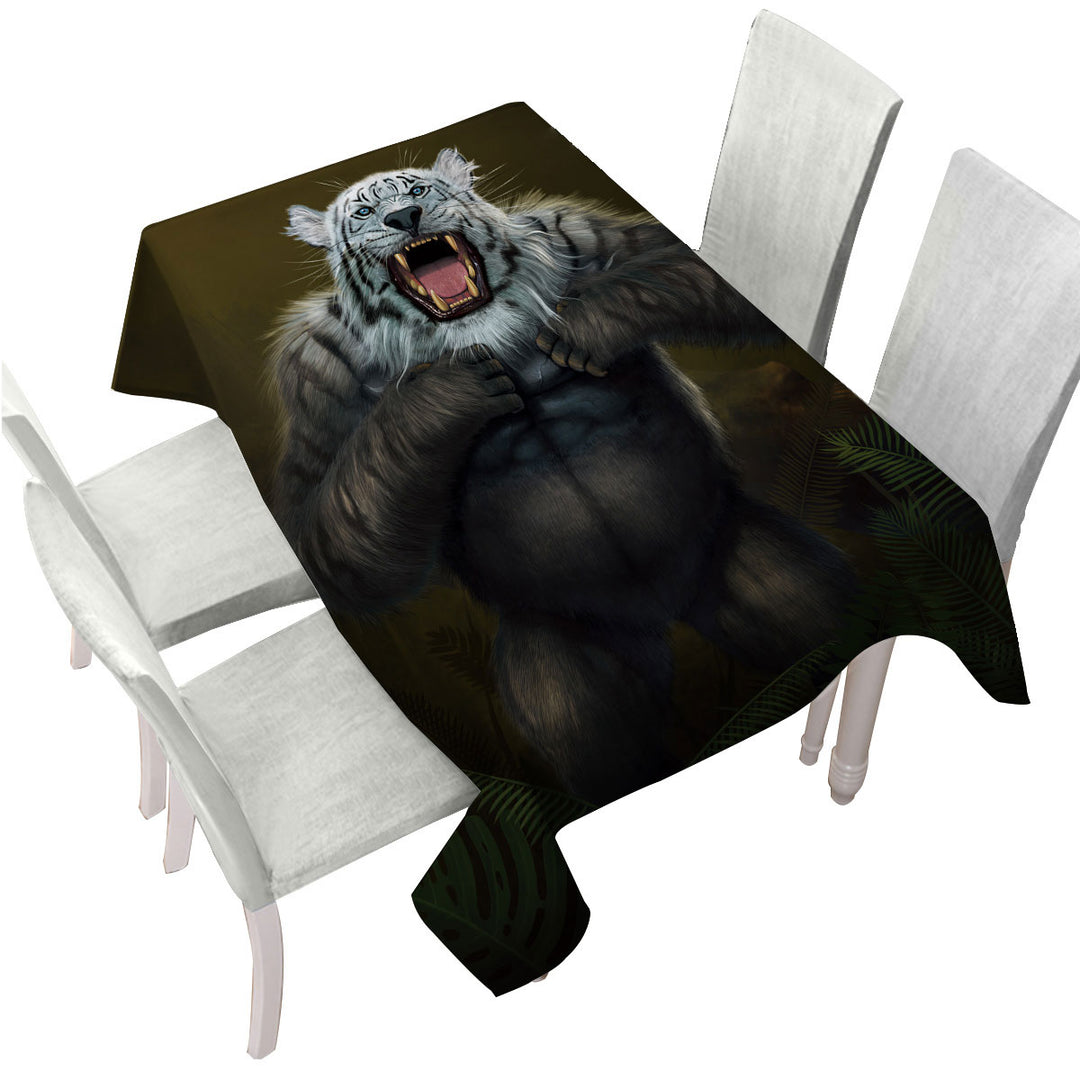 Cool Animal Artwork Tigerilla Gorilla vs White Tiger Tablecloth