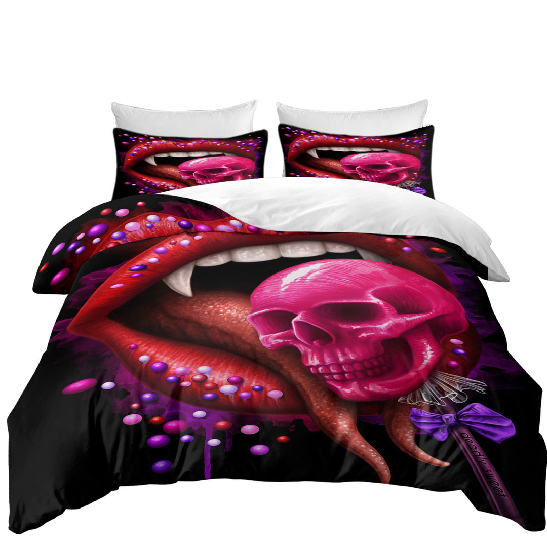 Cool Art Black Deadly Sweet Lips and Lollipop Skull Bed Covers