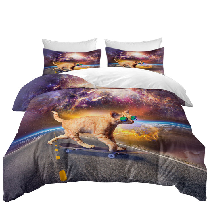 Cool Art Cat Skateboarding in Space California King Duvet Cover