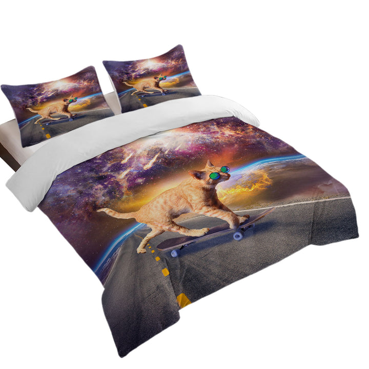 Cool Art Cat Skateboarding in Space Coverlets