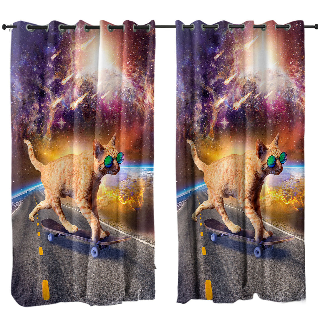 Cool Art Cat Skateboarding in Space Curtains