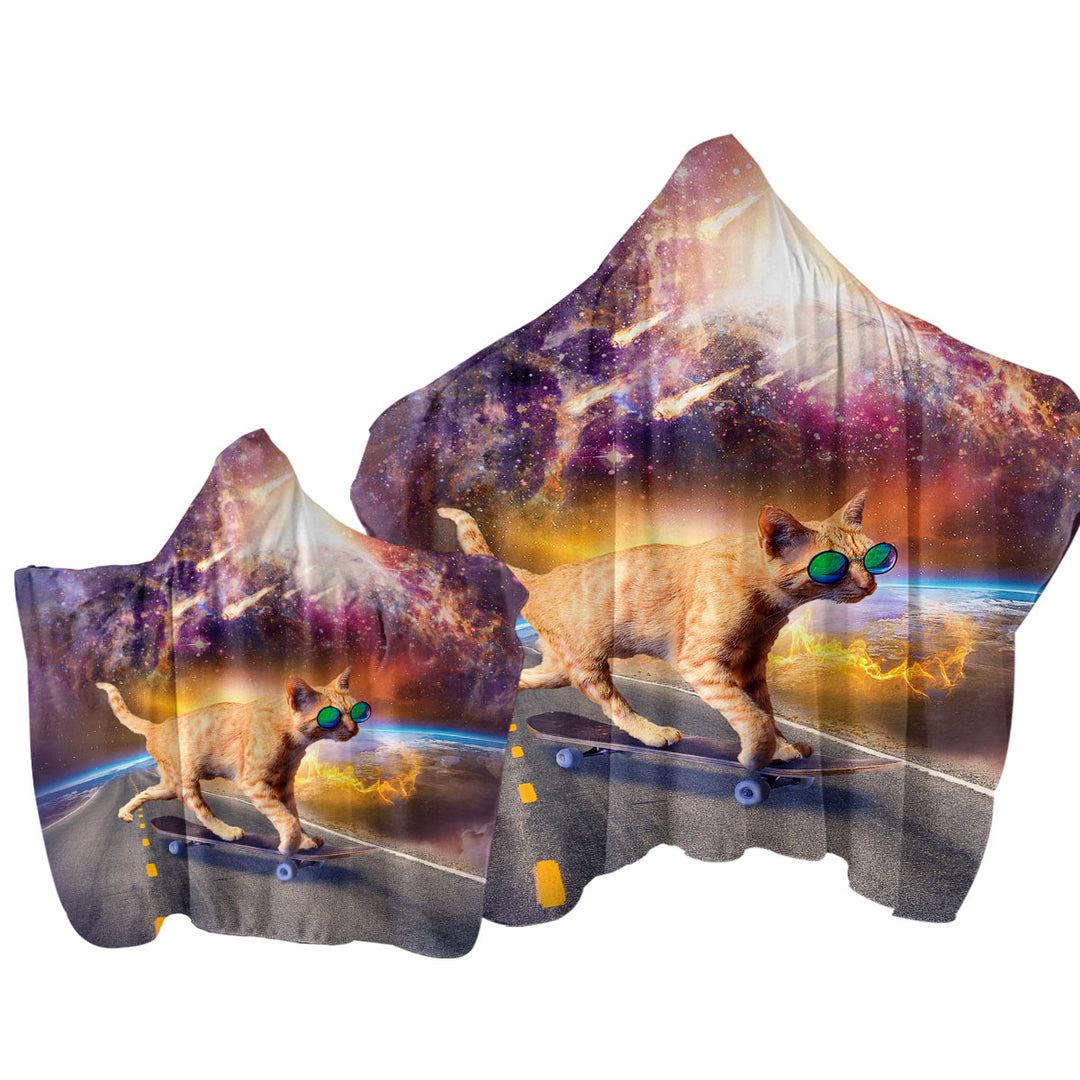 Cool Art Cat Skateboarding in Space Towel Hoodie