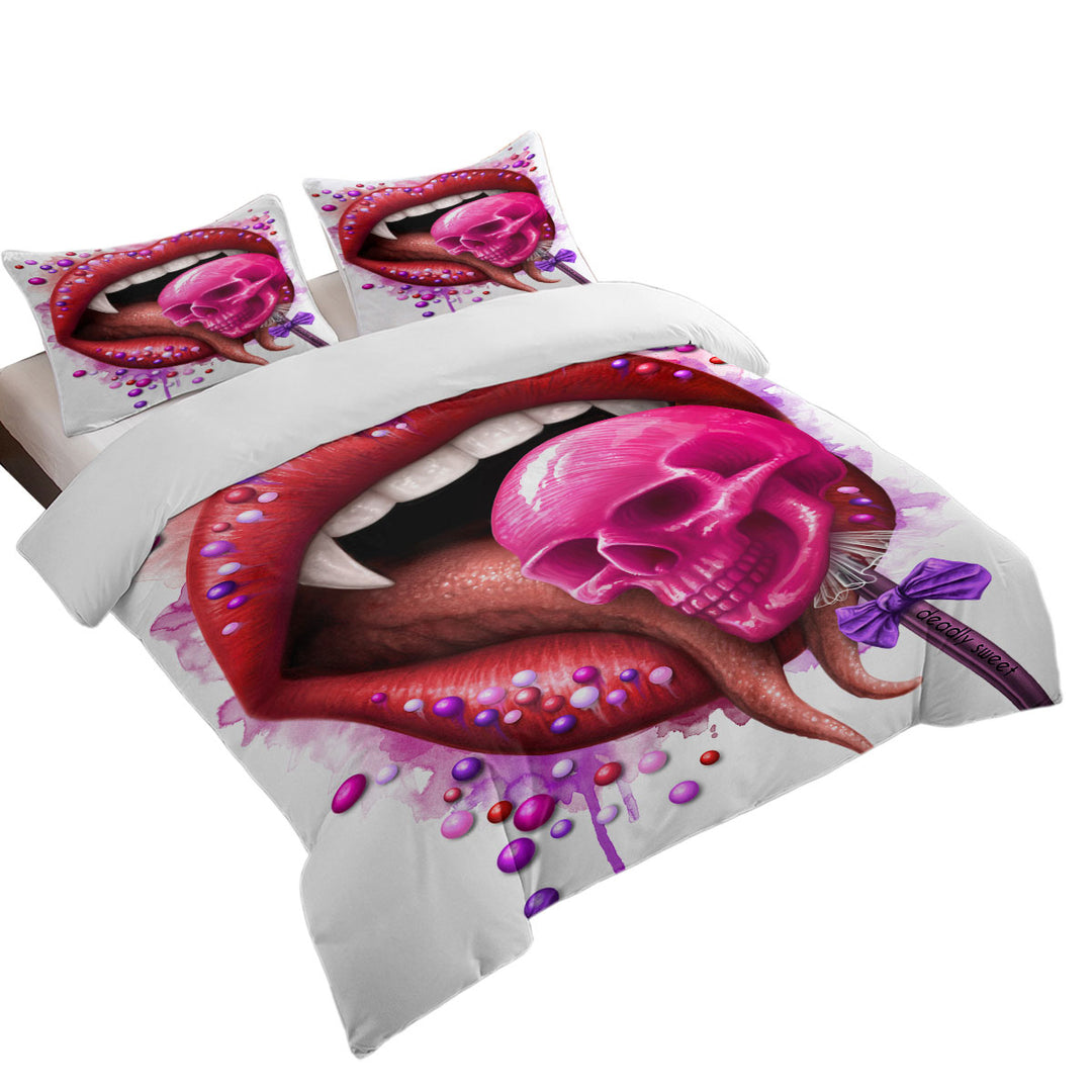 Cool Art Deadly Sweet Lips and Lollipop Skull Duvet Cover Queen