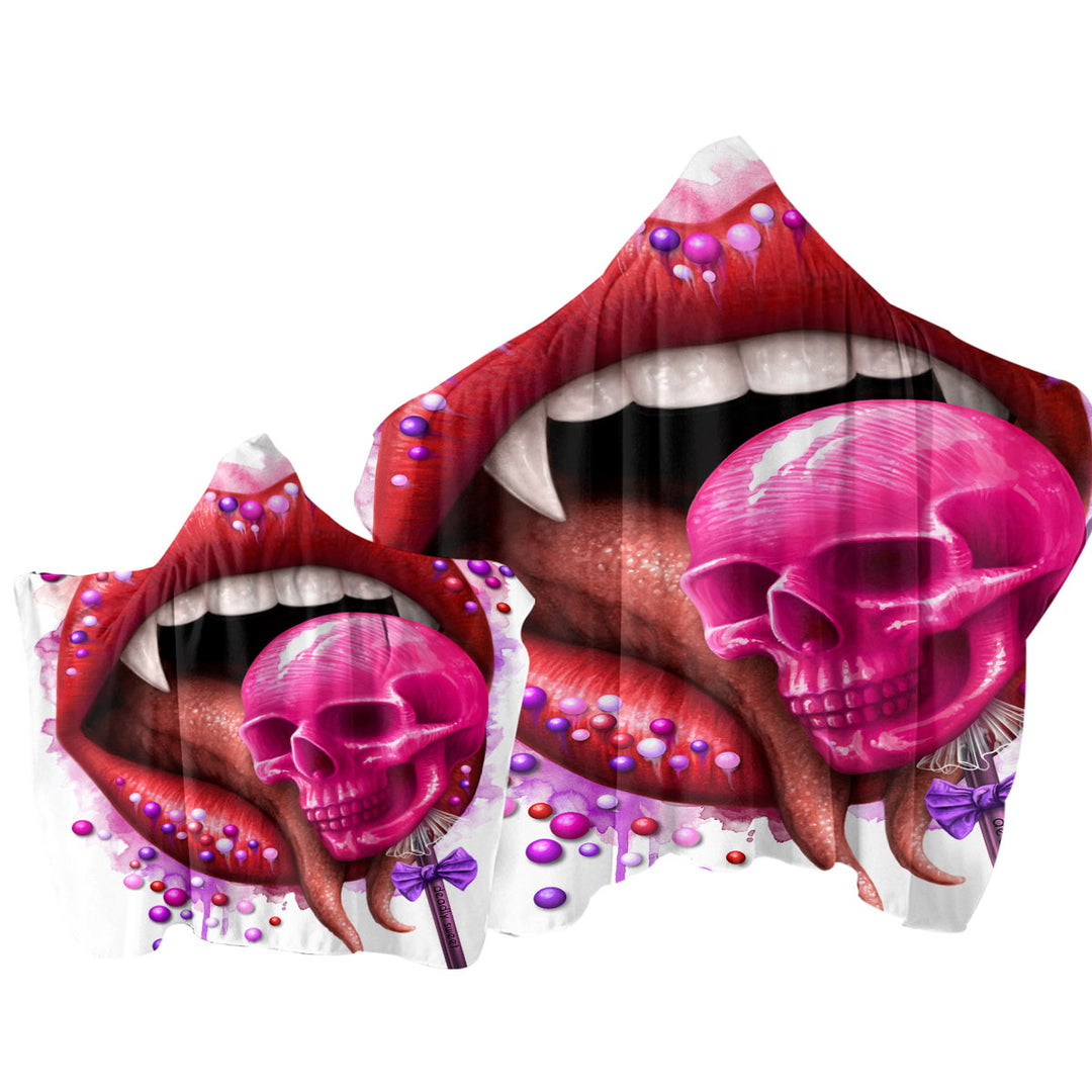 Cool Art Deadly Sweet Lips and Lollipop Skull Hooded Beach Towel