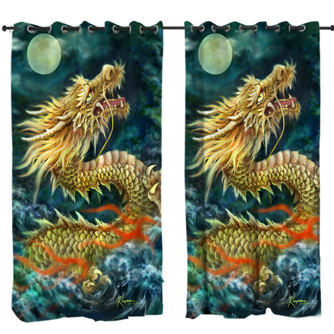 Cool Art Full Moon Ocean Storm Chinese Dragon Drapery