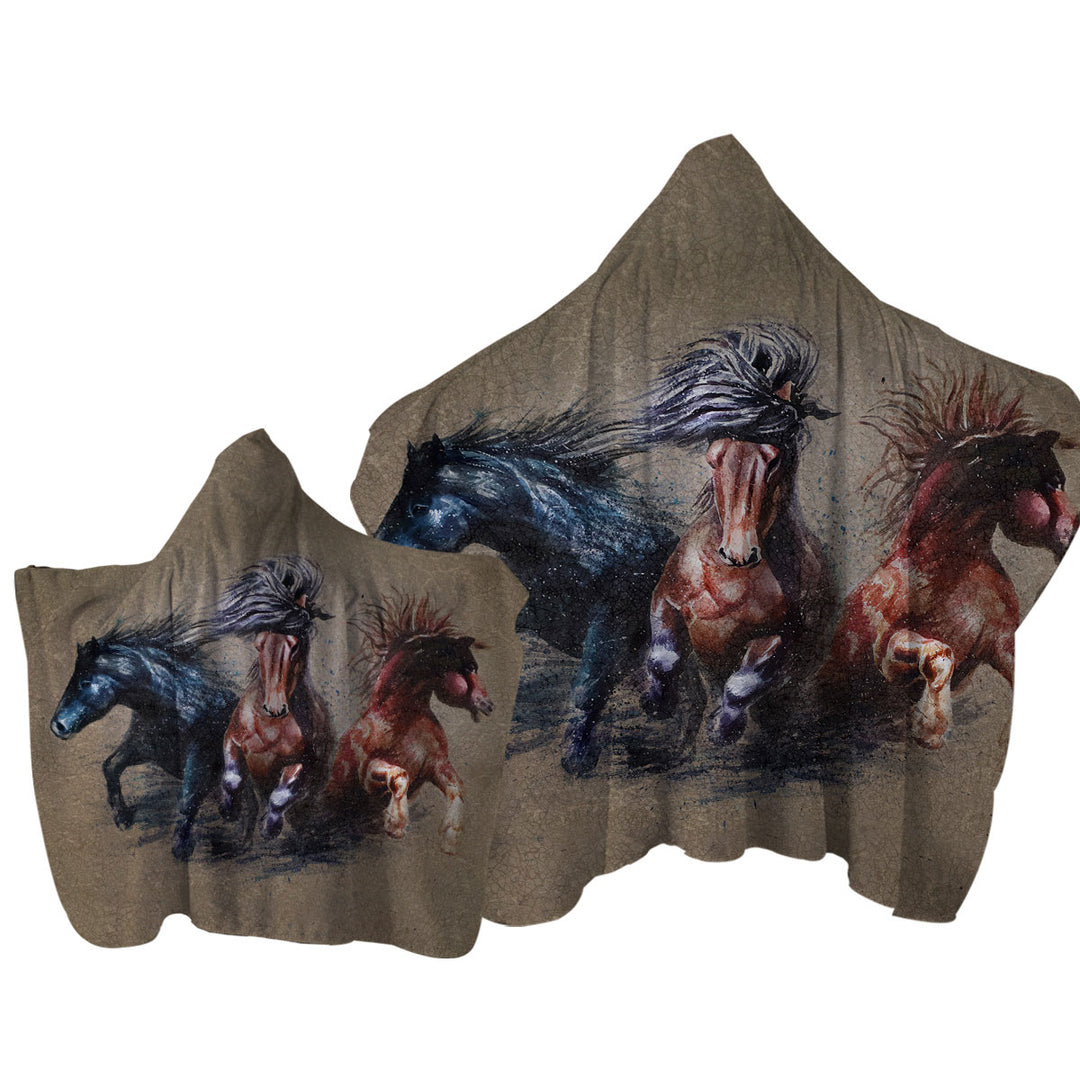 Cool Art Storming Horses Painted on Concrete Hooded Beach Towel