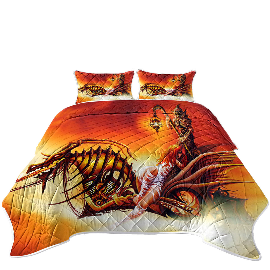 Cool Art the Death Ferryman Dragon Motorcycle and Girl King Size Bedspreads