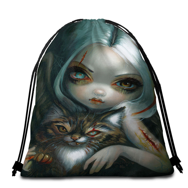 Cool Beach Bags and Towels Scary Art Zombie Kitty and Pretty Zombie Girl