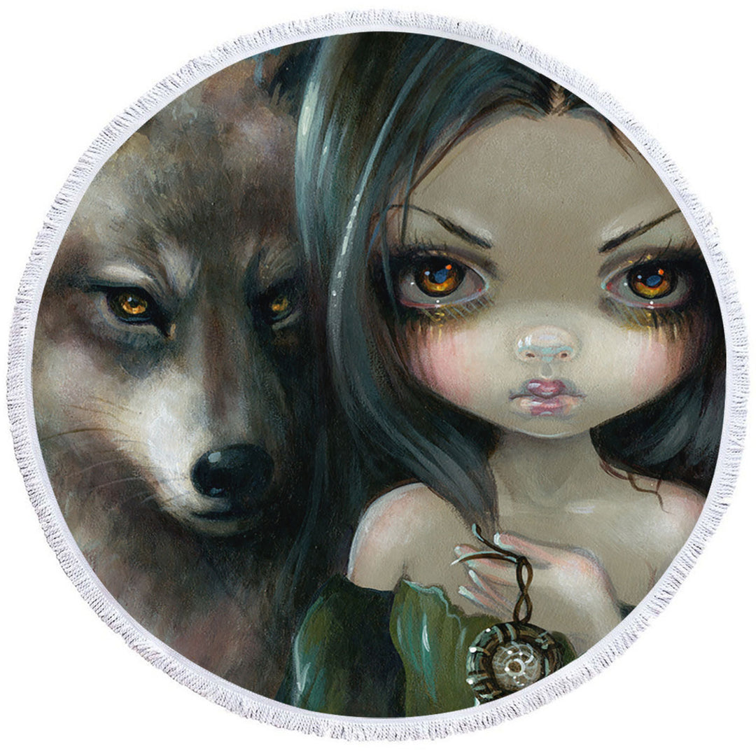 Cool Beach Towels Faces of Faery _226 Native Goth Girl with Her Wolf