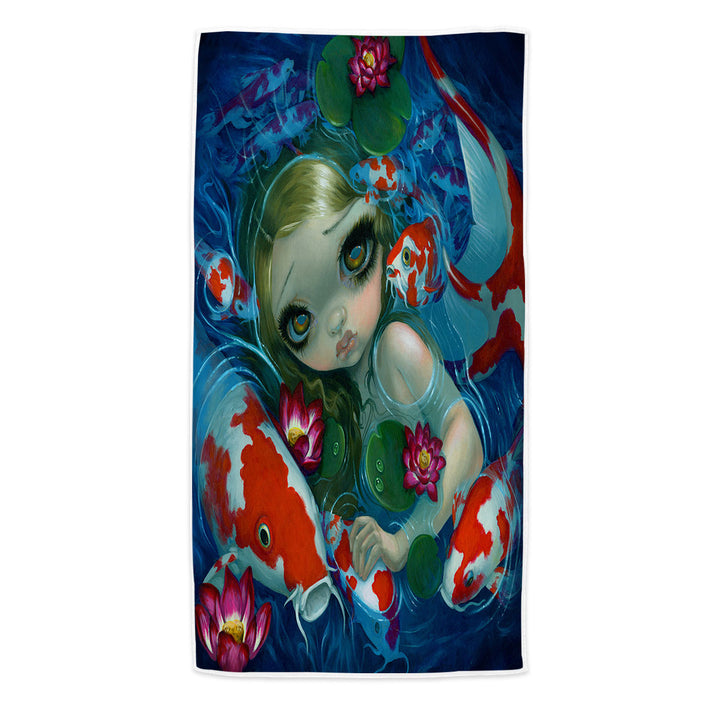 Cool Beach Towels Fantasy Art Swimming with Koi Mermaid