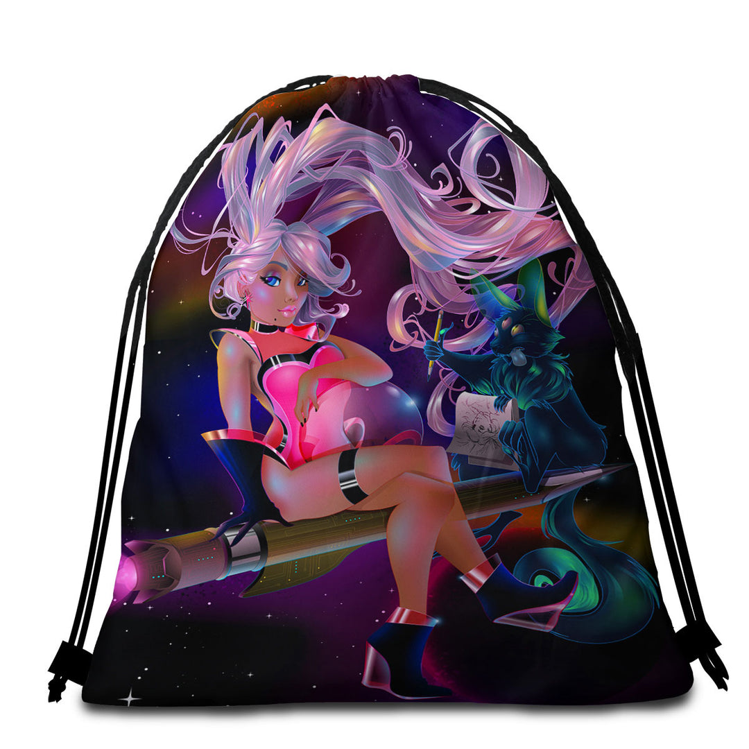 Cool Beach Towels and Bags Set Galactic Girl with Alien Cat