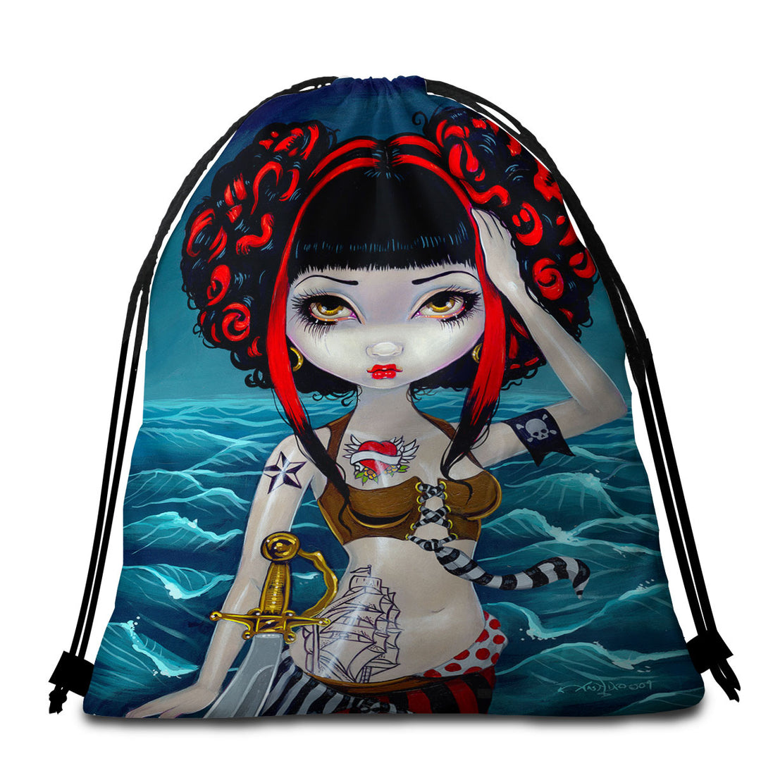 Cool Beach Towels and Bags Set Painting Pretty Pirate Polly Tough Girl