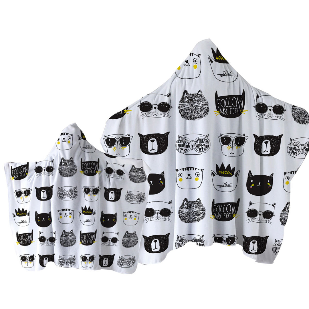 Cool Black and White Cat Faces Towel Hoodie