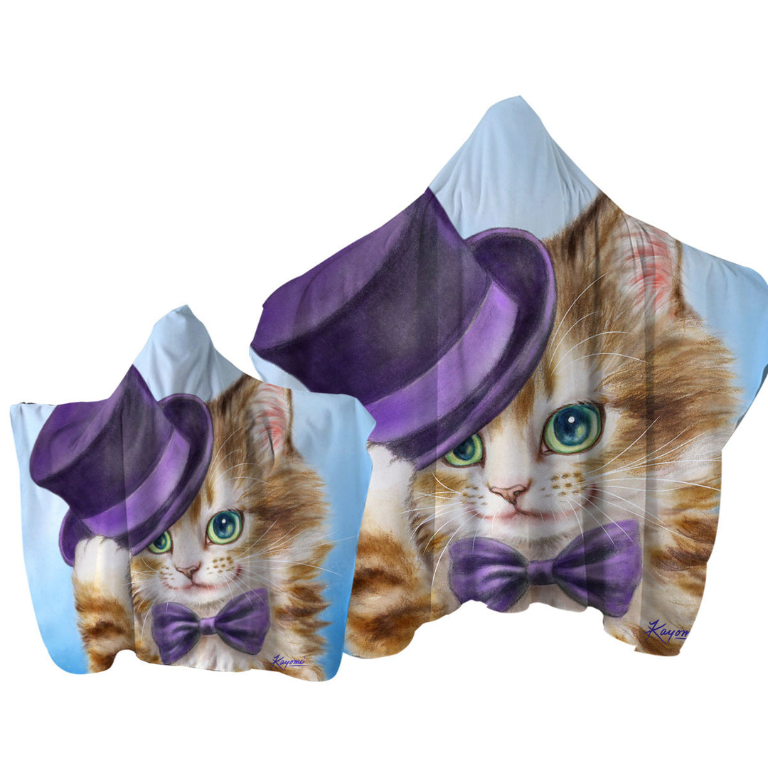 Cool Cats Art the Purple Top Hat and Bow Tie Kitty Towel with Hood