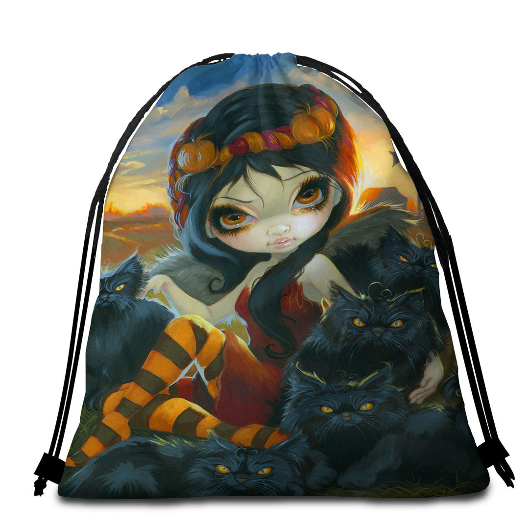 Cool Cats Travel Beach Towel Autumn Kitties and the Dark Angelic Fairy