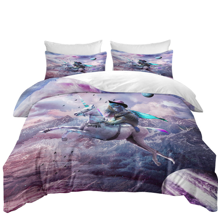 Cool Crazy Art Dragon Lizard Riding Unicorn Duvet Cover sale