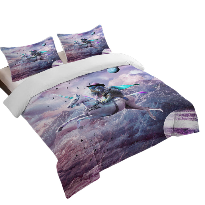 Cool Crazy Art Dragon Lizard Riding Unicorn Quilt Cover