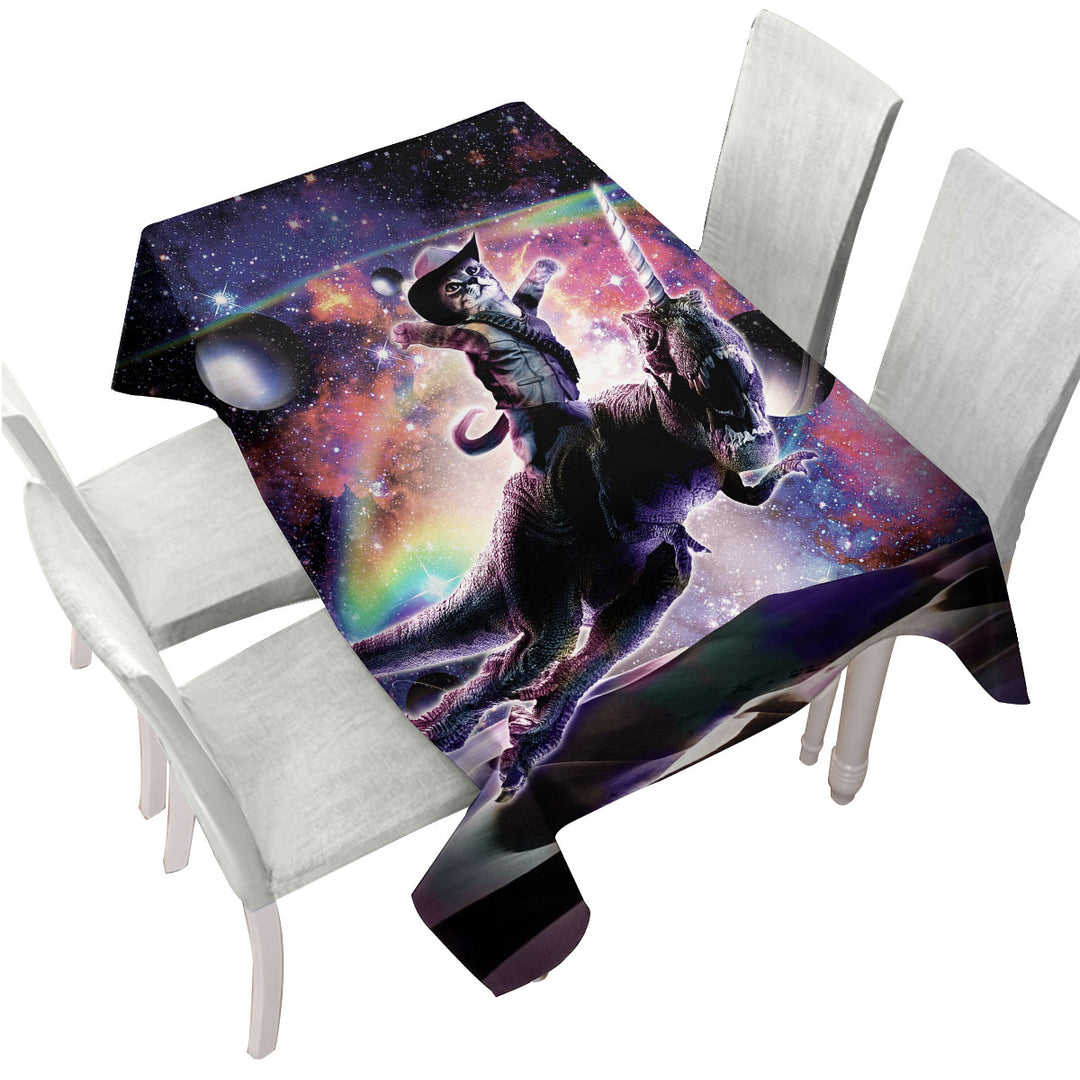 Cool Cute and Funny Space Cowboy Cat Riding Dinosaur Unicorn Custom tablecloths