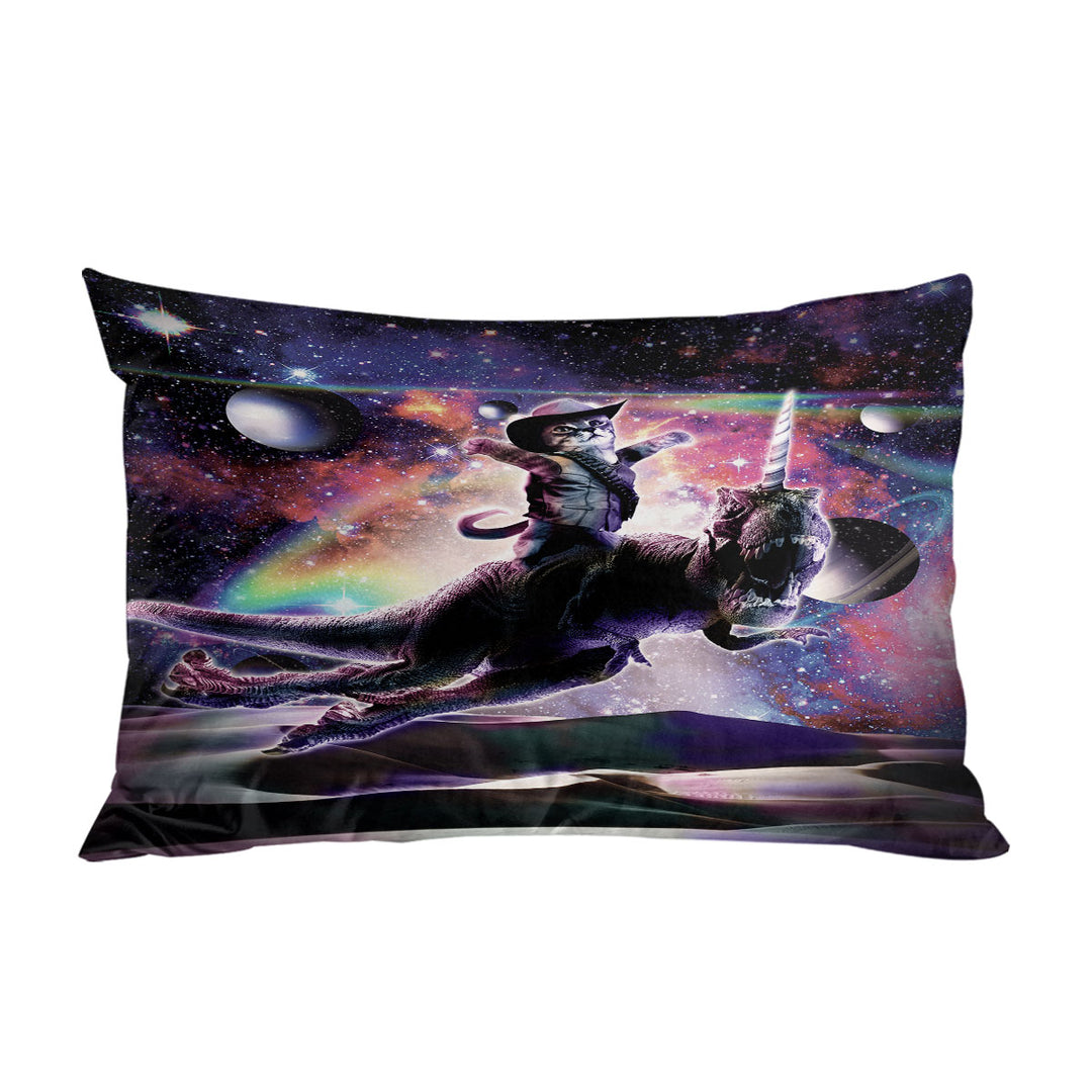 Cool Cute and Funny Space Cowboy Cat Riding Dinosaur Unicorn Pillow Cases