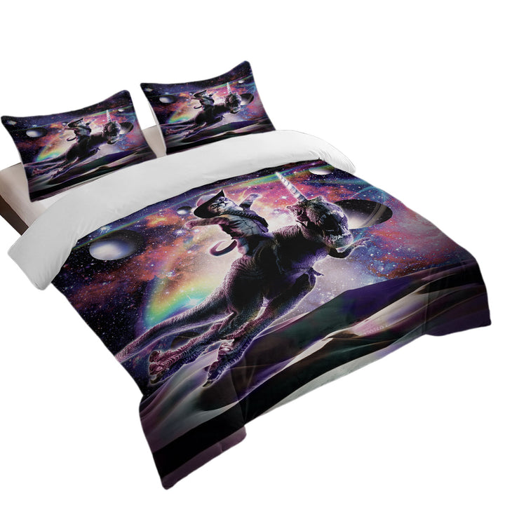 Cool Cute and Funny Space Cowboy Cat Riding Dinosaur Unicorn full Size Duvet Cover