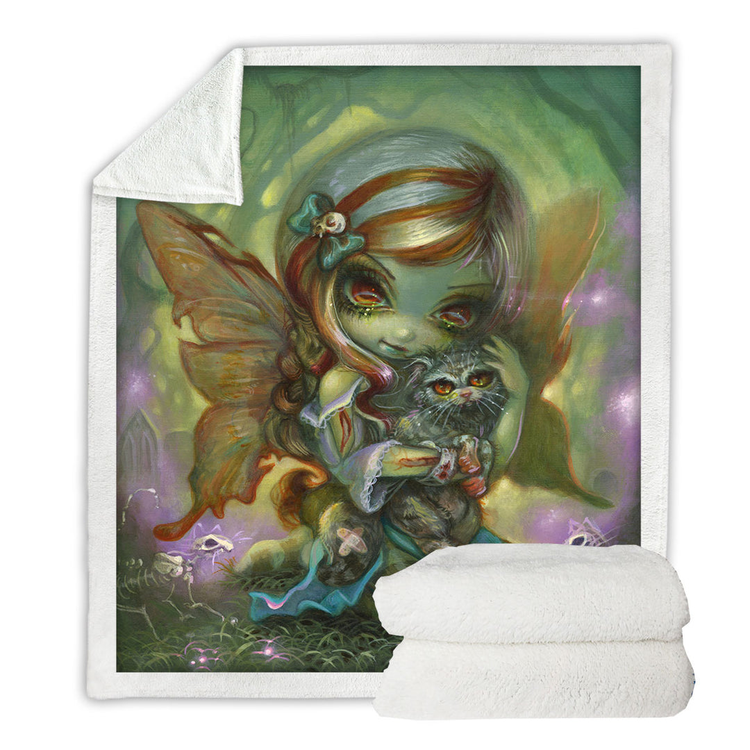 Cool Dark Art Decorative Blankets My Zombie Kitty Dead Fairy and Cat