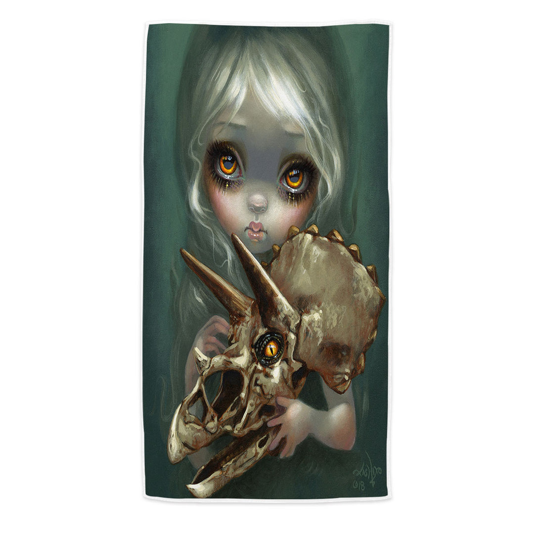 Cool Dark Art Girl Holds Resurrected Triceratops Beach Towel