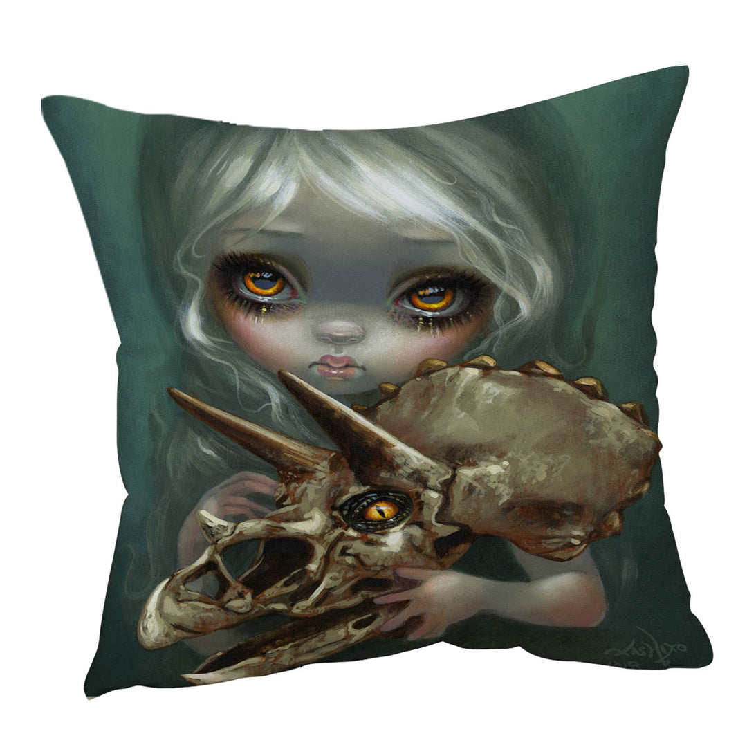 Cool Dark Art Girl Holds Resurrected Triceratops Cushion Cover