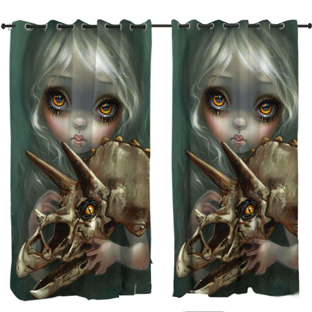 Cool Dark Art Girl Holds Resurrected Triceratops Drapes