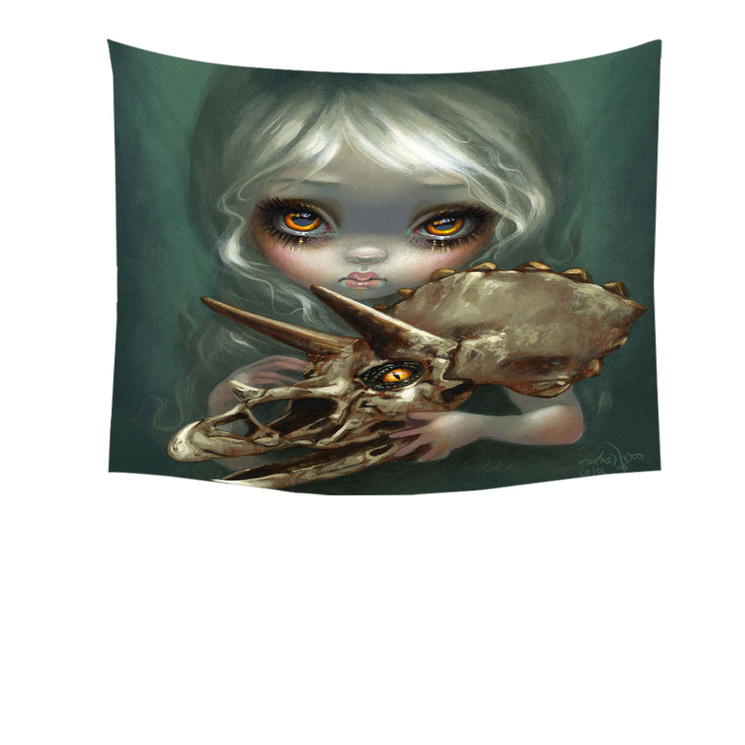 Cool Dark Art Girl Holds Resurrected Triceratops Tapestry Wall Decor