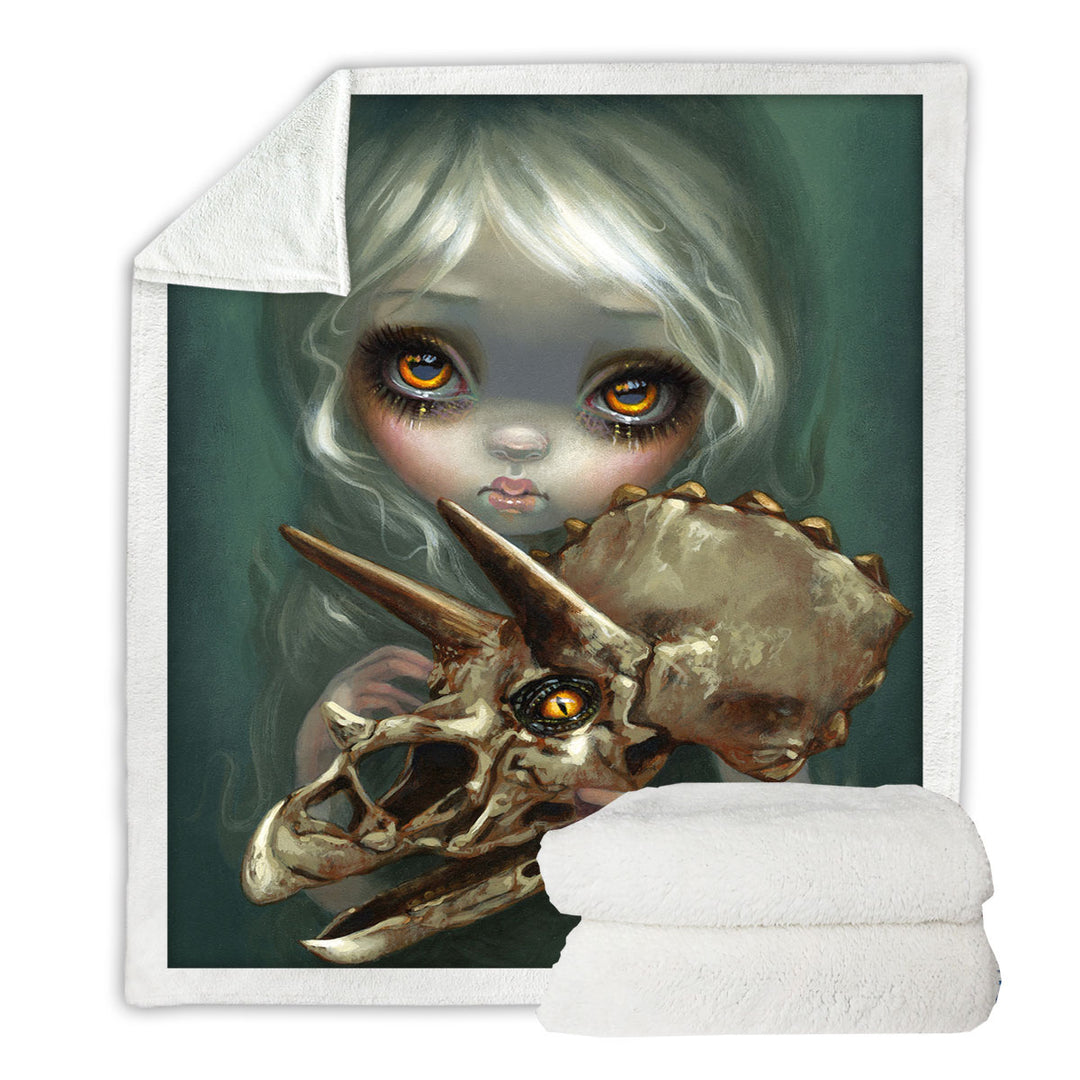 Cool Dark Art Girl Holds Resurrected Triceratops Throw Blanket