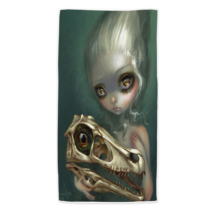 Cool Dark Art Girl Holds Resurrected Velociraptor Beach Towel