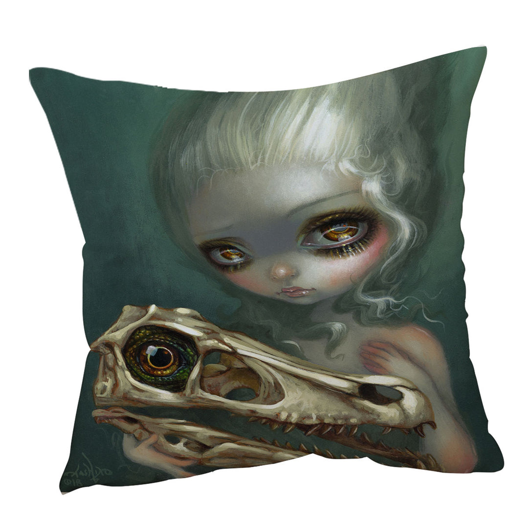 Cool Dark Art Girl Holds Resurrected Velociraptor Cushion Cover