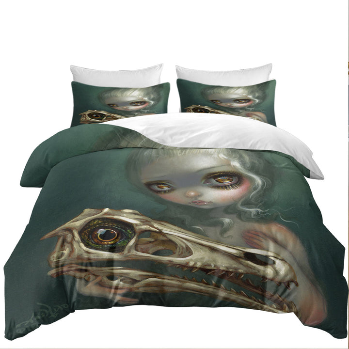 Cool Dark Art Girl Holds Resurrected Velociraptor Duvet Cover