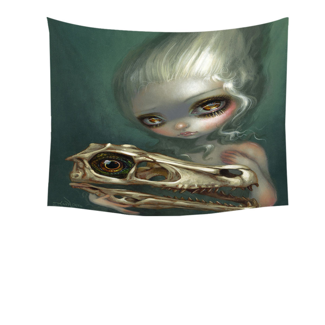 Cool Dark Art Girl Holds Resurrected Velociraptor Tapestry Wall Decor