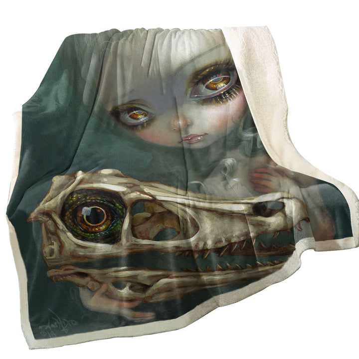 Cool Dark Art Girl Holds Resurrected Velociraptor Throw Blanket