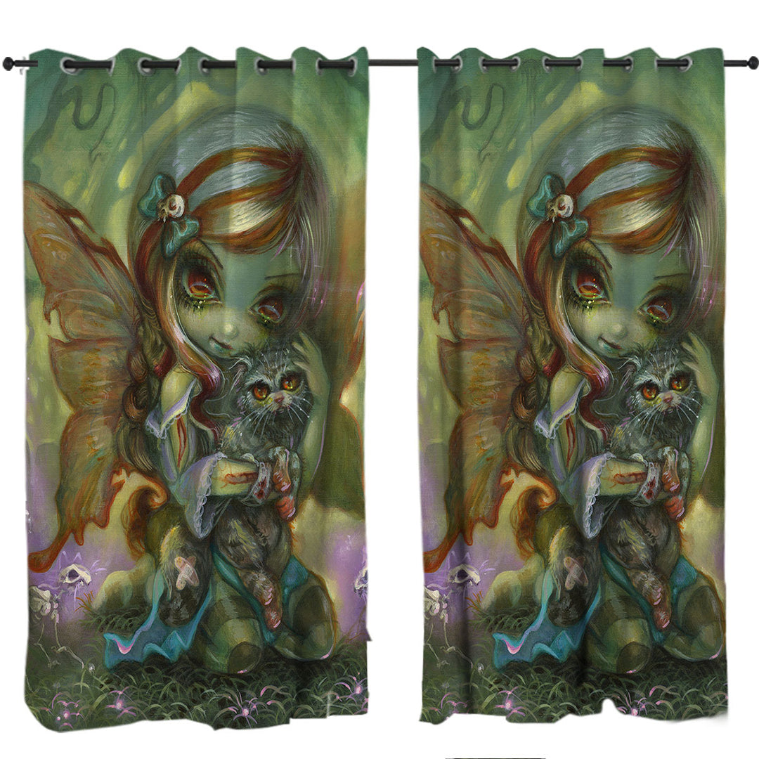 Cool Dark Art My Zombie Kitty Dead Fairy and Cat Eyelet Curtains