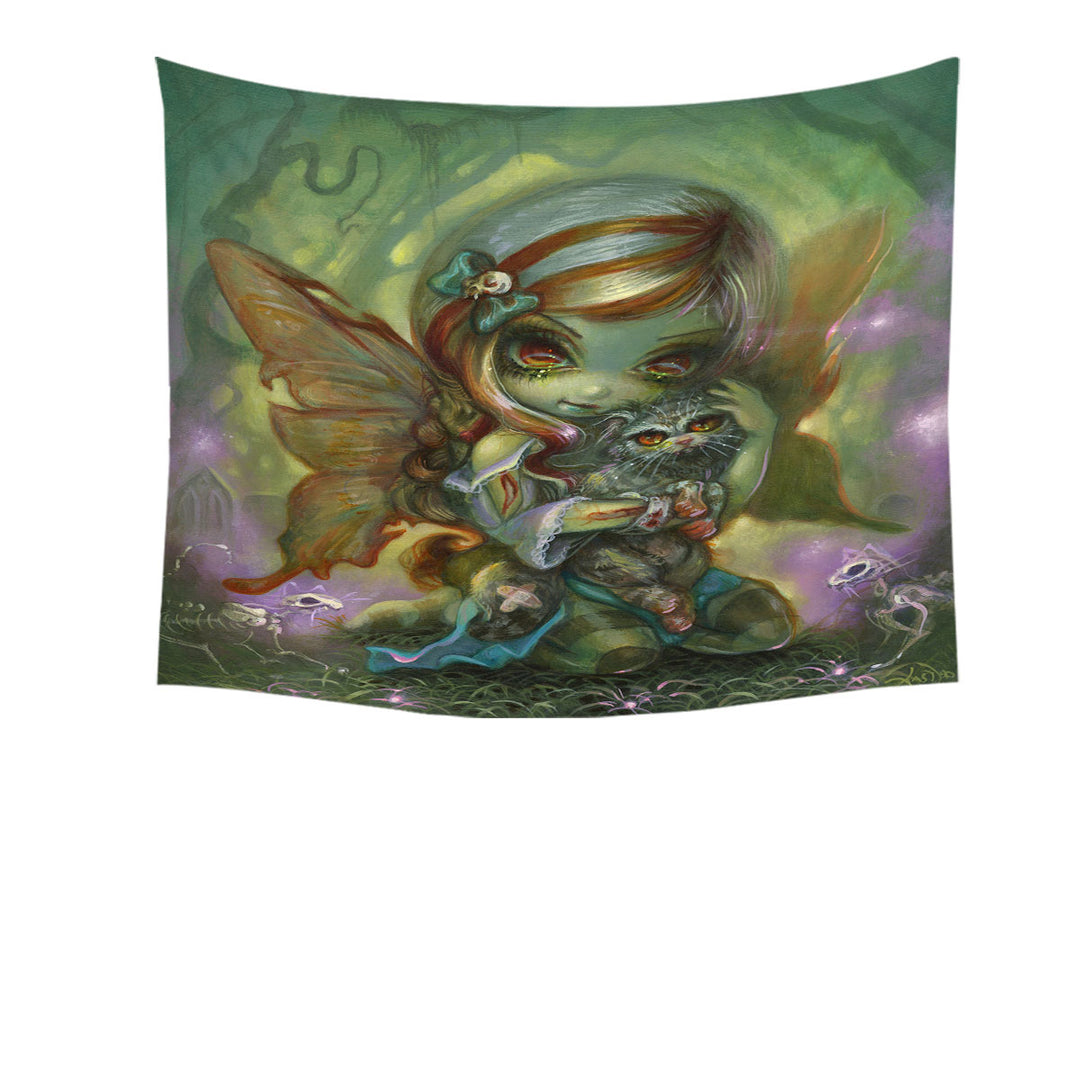 Cool Dark Art Tapestry My Zombie Kitty Dead Fairy and Cat Wall Decor