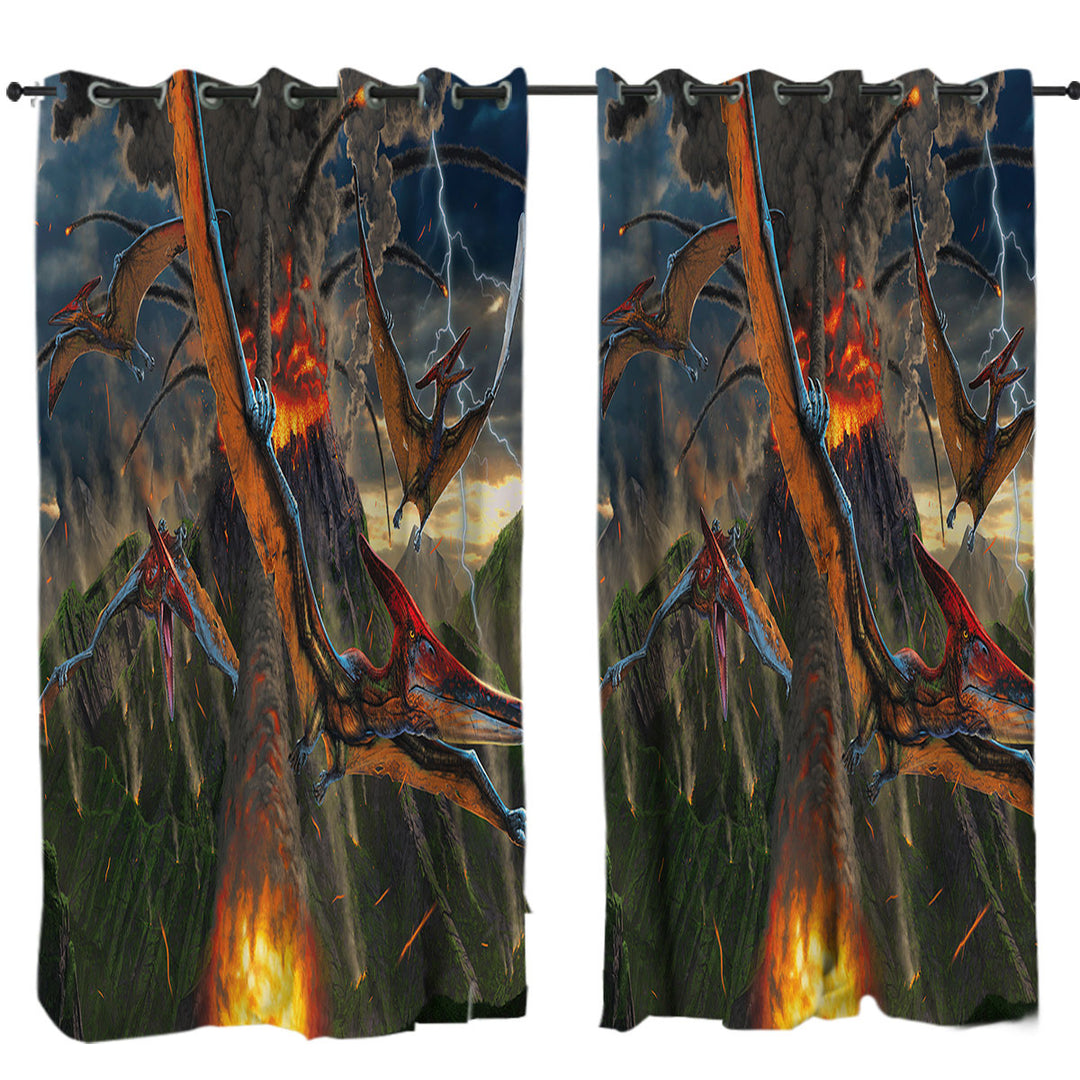 Cool Dinosaurs Art Volcano Eruption Curtains