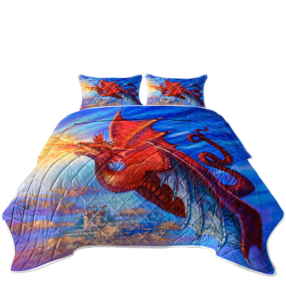 Cool Fantasy Art Breathing Fire Red Dragon King Size Quilt