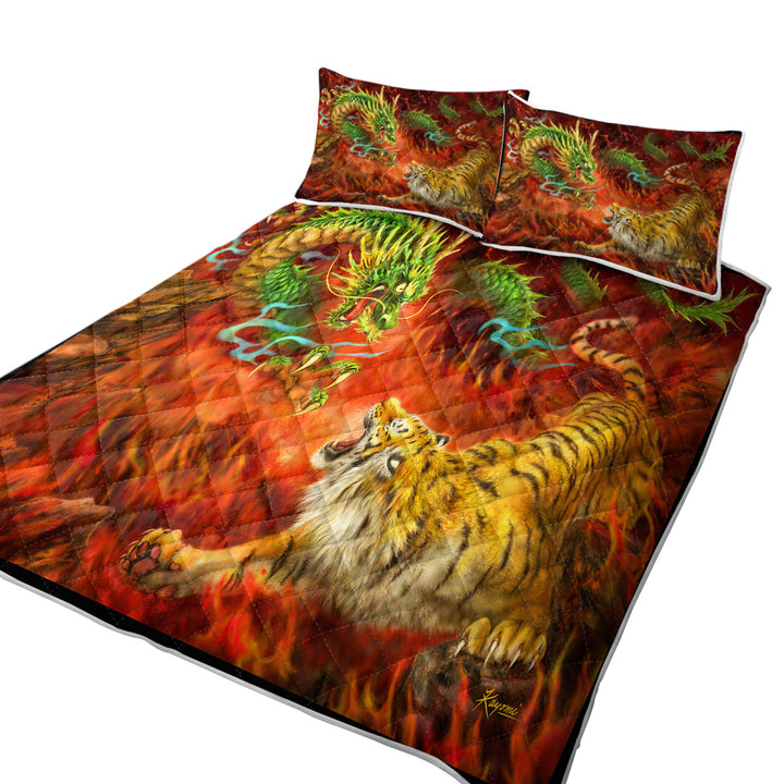 Cool Fantasy Art Chinese Dragon vs Tiger in Fire California King Quilt Sets