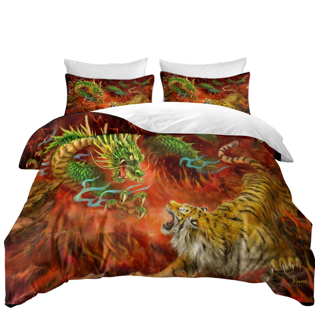 Cool Fantasy Art Chinese Dragon vs Tiger in Fire Coverlet