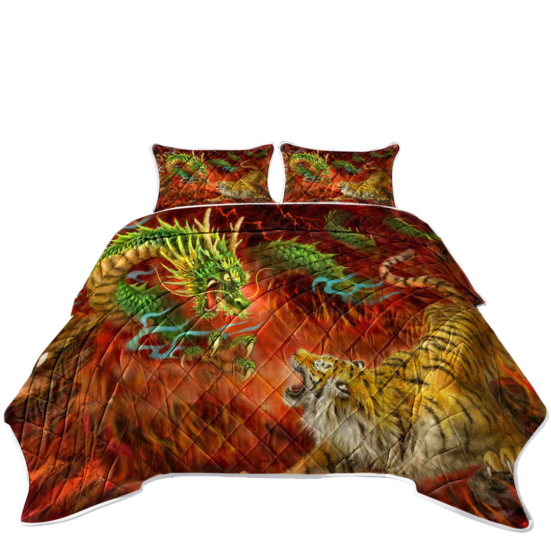 Cool Fantasy Art Chinese Dragon vs Tiger in Fire Daybed Covers Sets