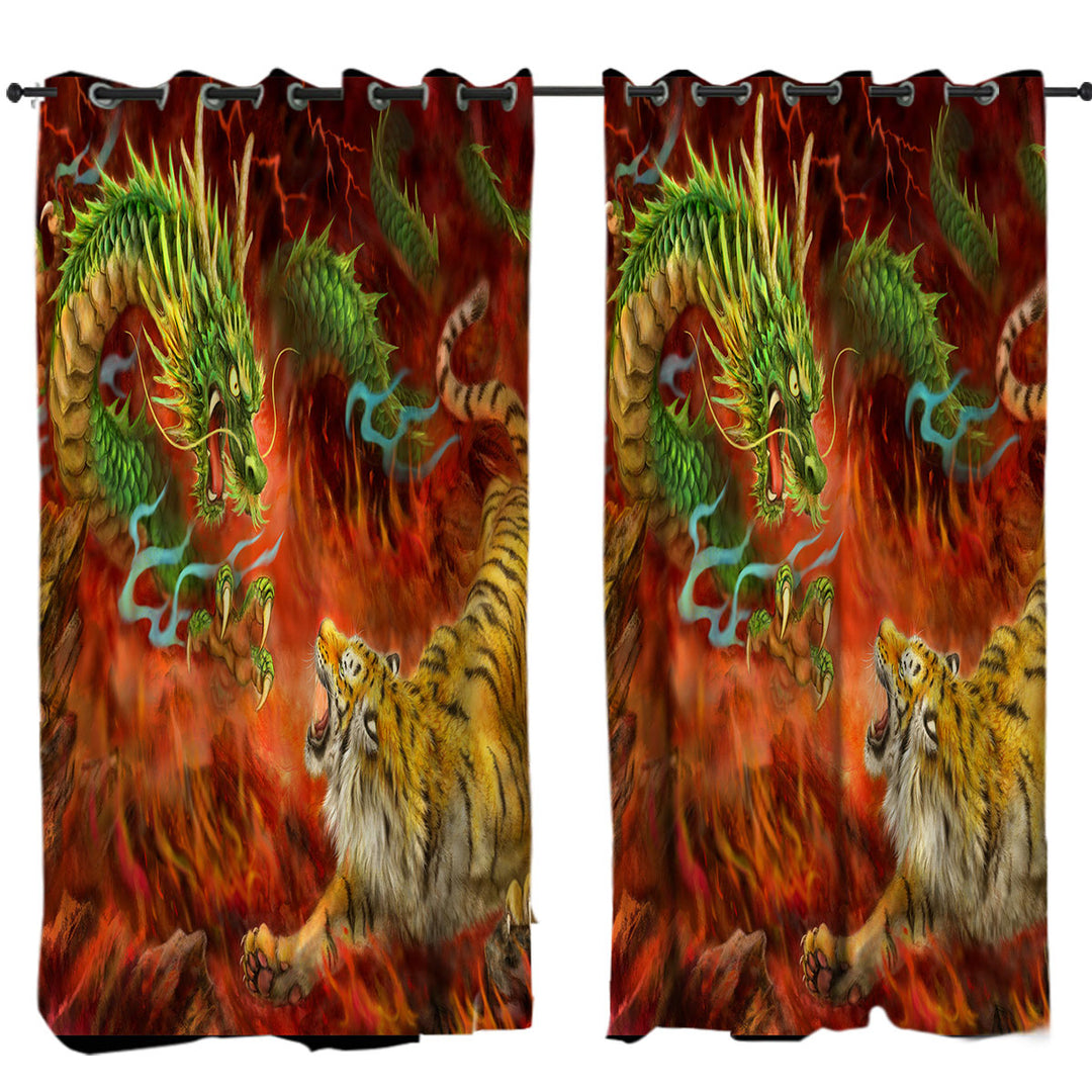 Cool Fantasy Art Chinese Dragon vs Tiger in Fire Drapes