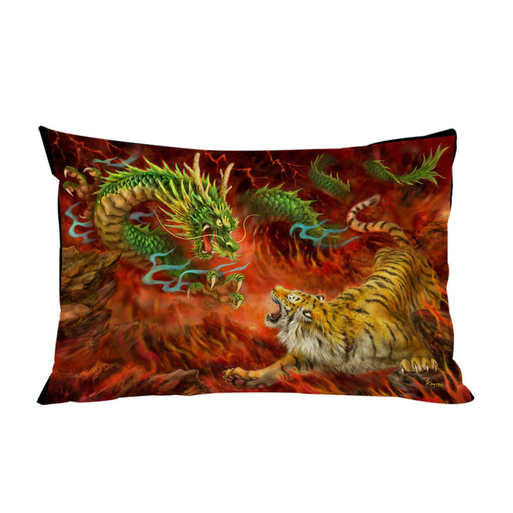 Cool Fantasy Art Chinese Dragon vs Tiger in Fire Pillowcase