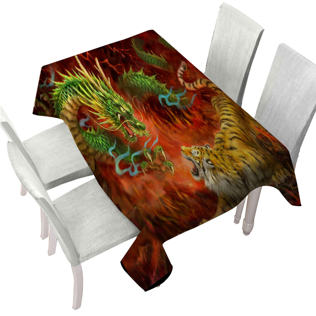 Cool Fantasy Art Chinese Dragon vs Tiger in Fire Tablecloth