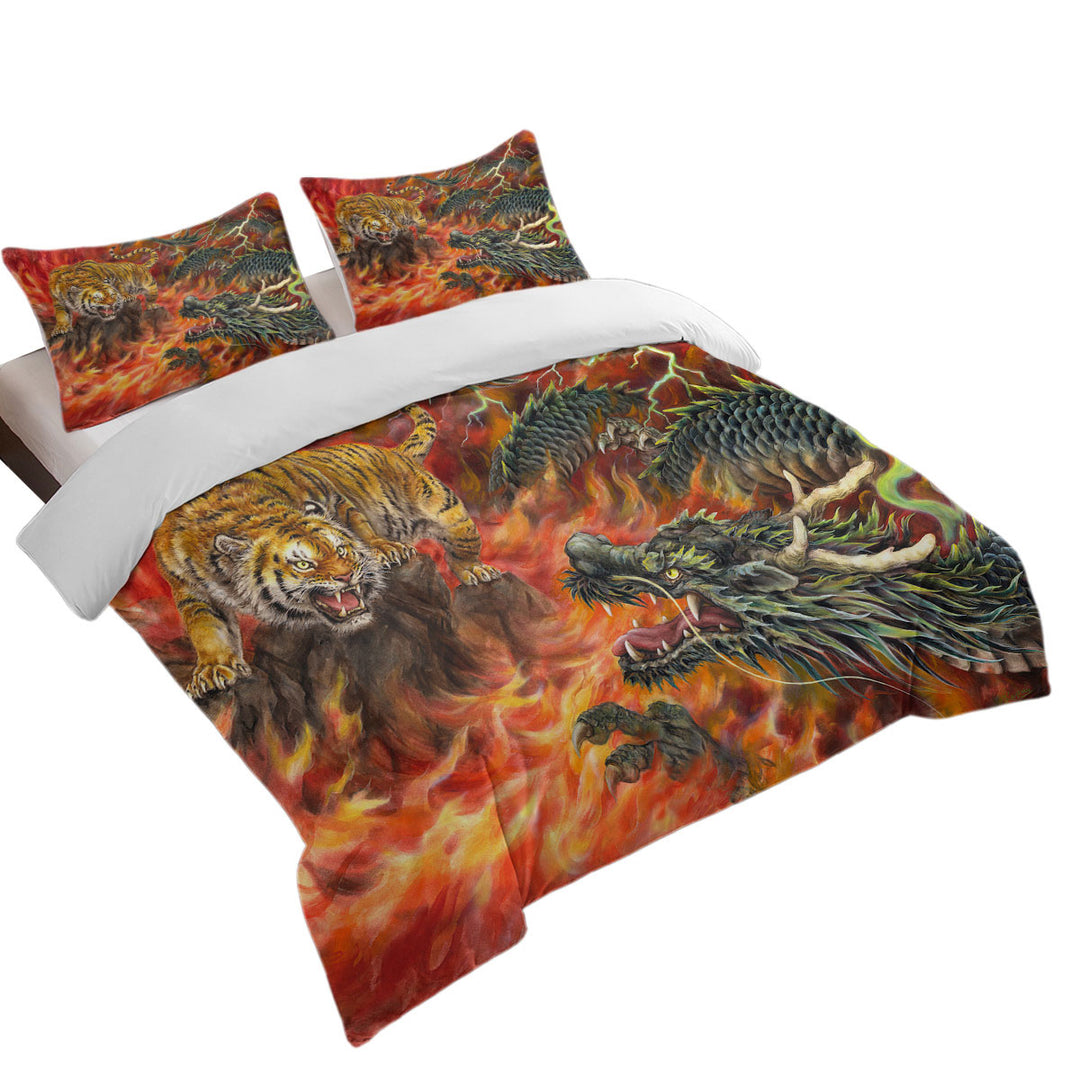 Cool Fantasy Art Dragon vs Tiger in Fire Coverlets