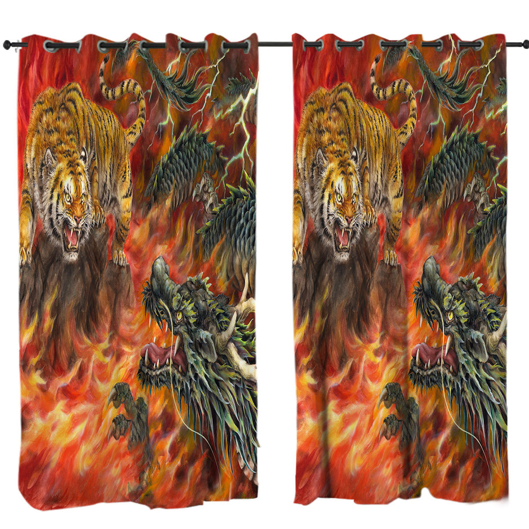 Cool Fantasy Art Dragon vs Tiger in Fire Curtain