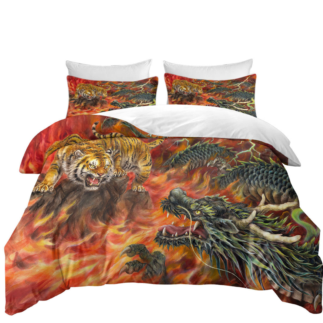 Cool Fantasy Art Dragon vs Tiger in Fire Duvet Cover