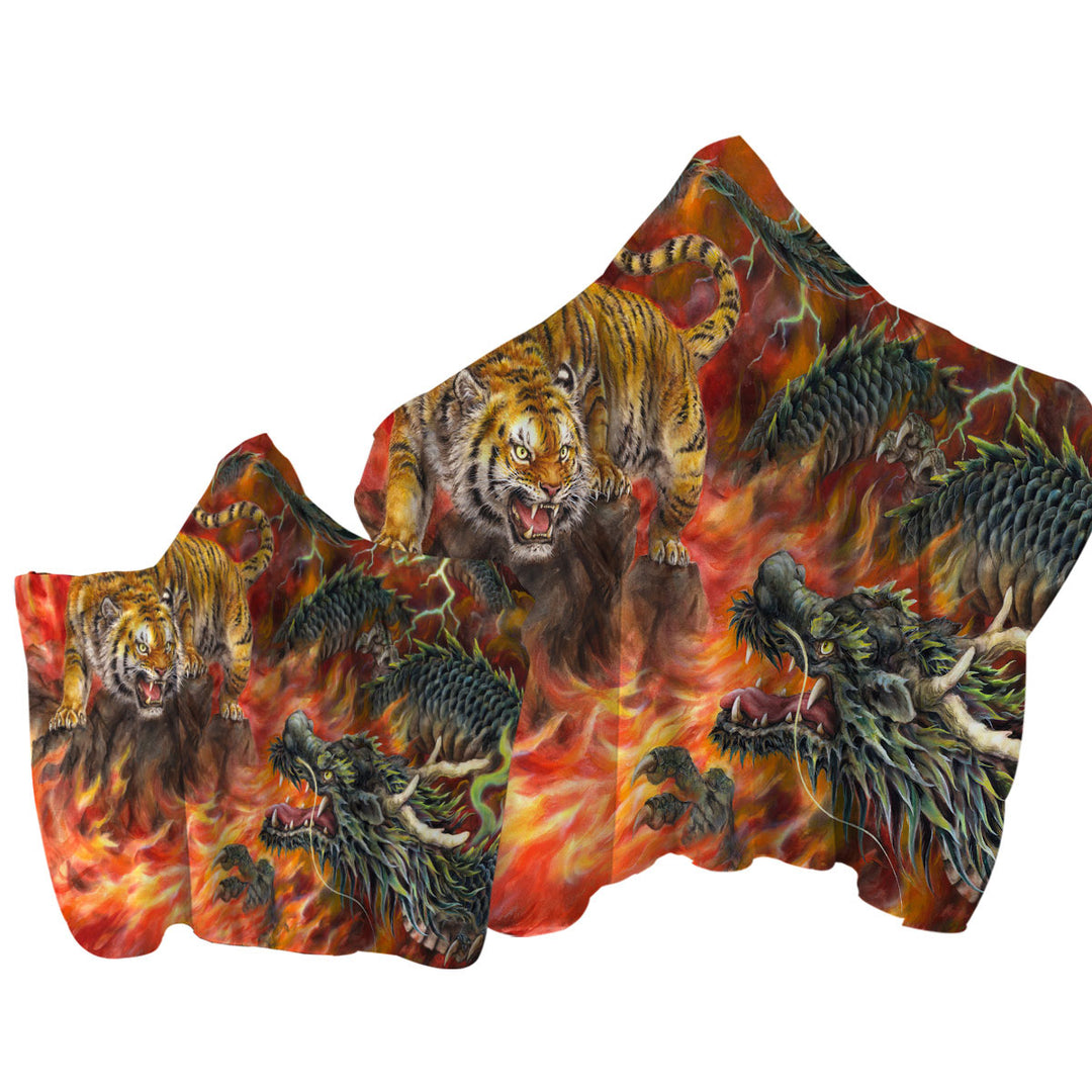 Cool Fantasy Art Dragon vs Tiger in Fire Hooded Beach Towel